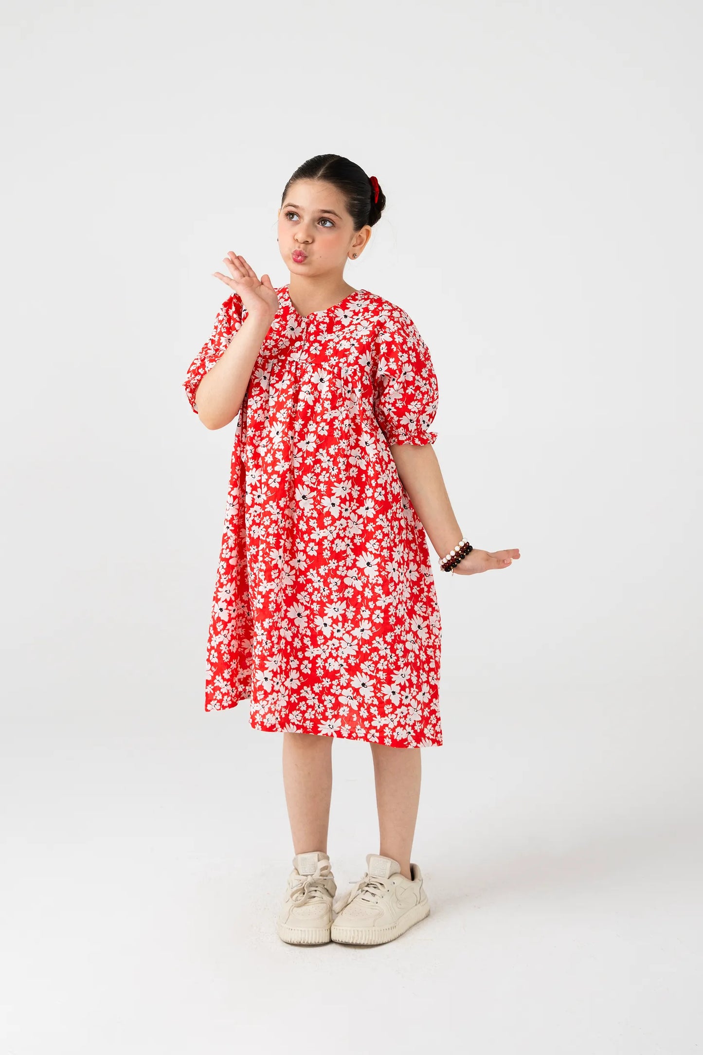 Red Puffy-Sleeve Cotton Dress