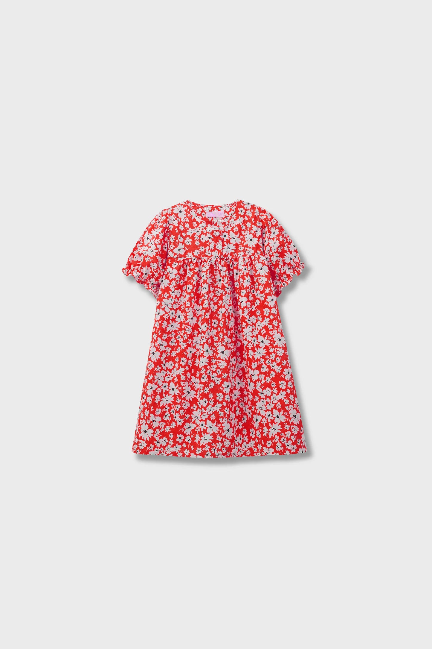 Red Puffy-Sleeve Cotton Dress