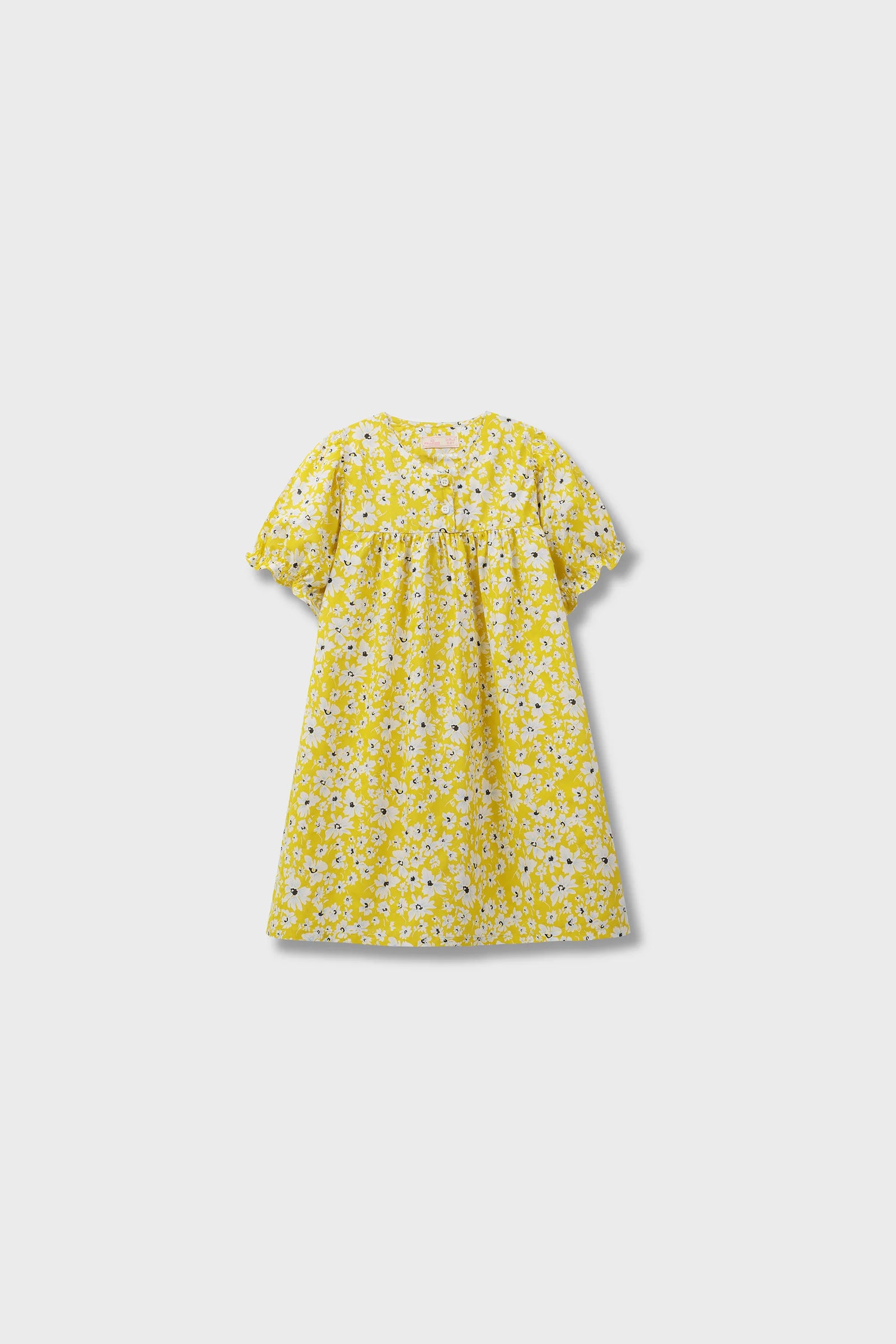 فستان قطني أصفر بأكمام منفوخة